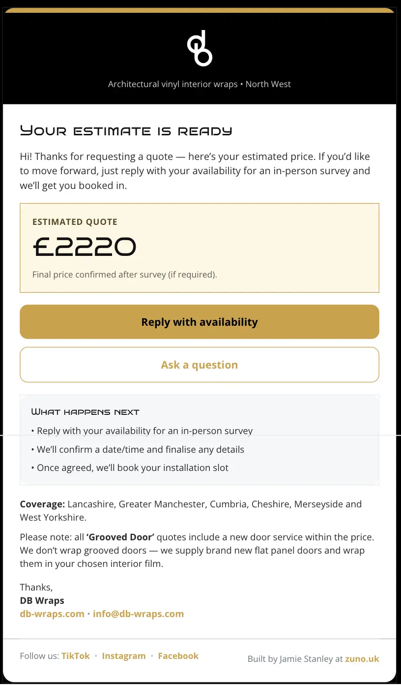 Instant quote email with CTAs (redacted)