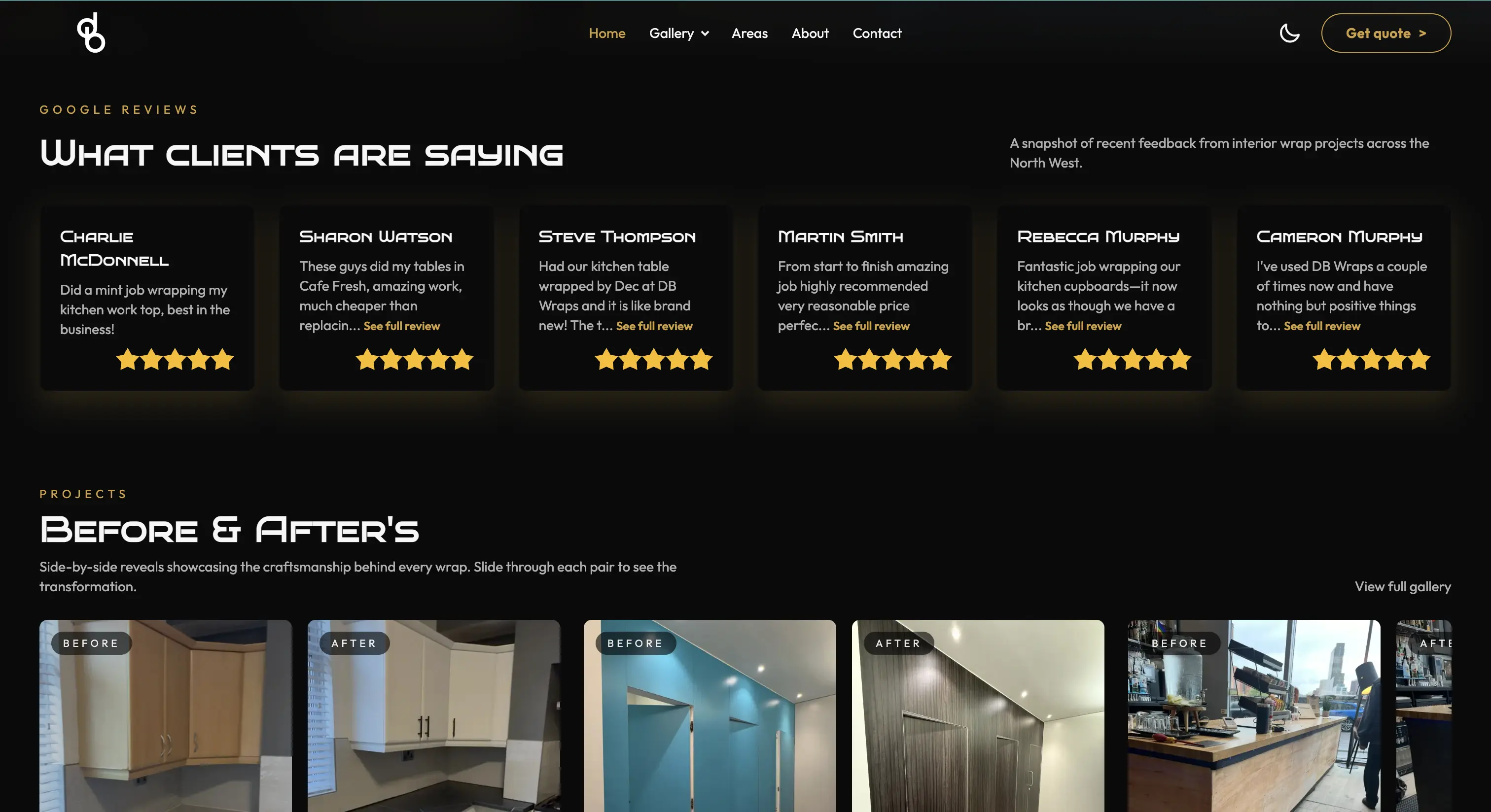 Home page trust section with reviews, before/after, and follow-us