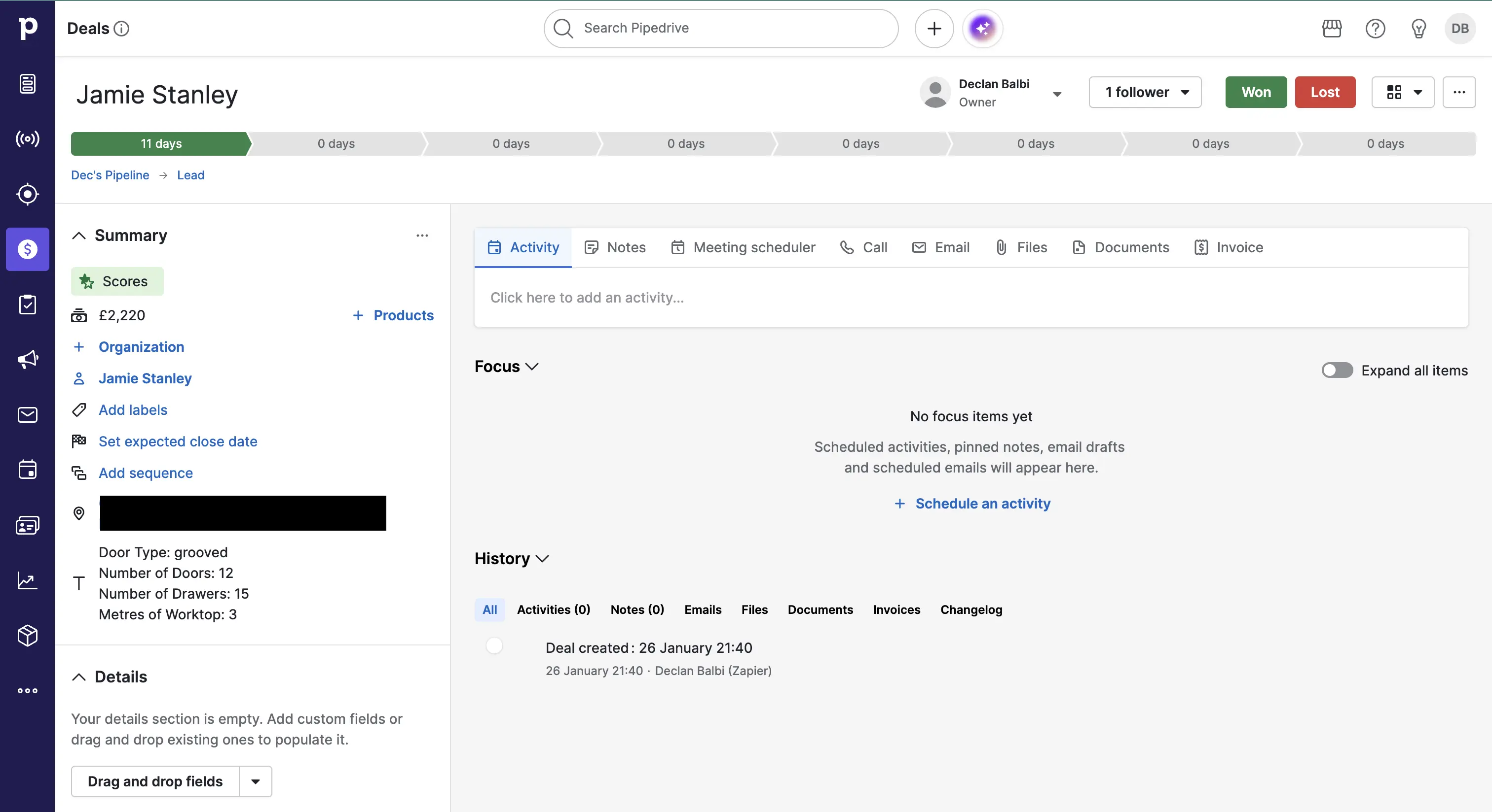 Pipedrive deal view with structured custom fields (redacted)