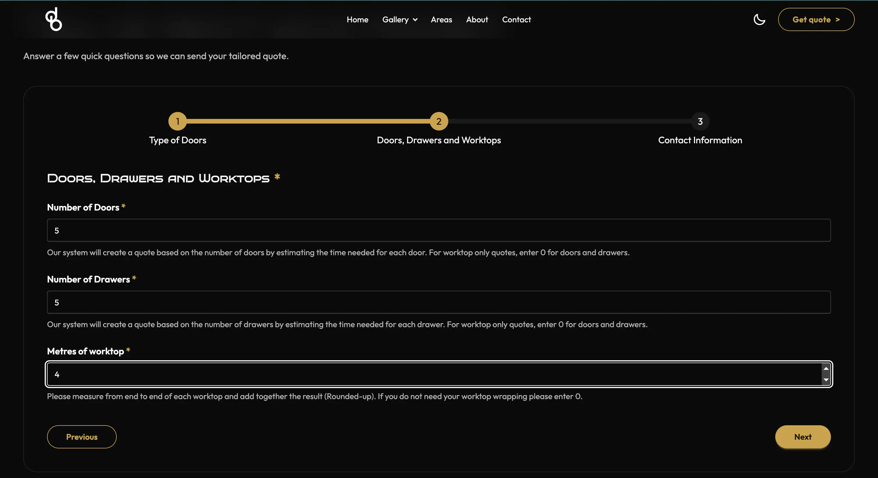 Quote tool step showing quantities and helper copy